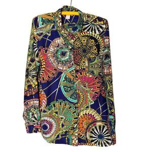 Catch My I Blouse Womens Large Silky Boho Geometric Print Button Front Shirt